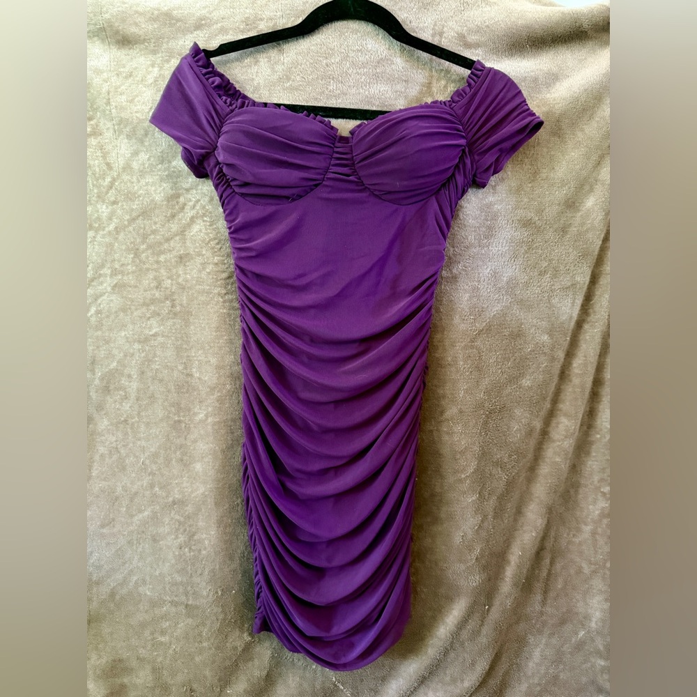 Windsor Purple Ruched Off-Shoulder Mini Dress